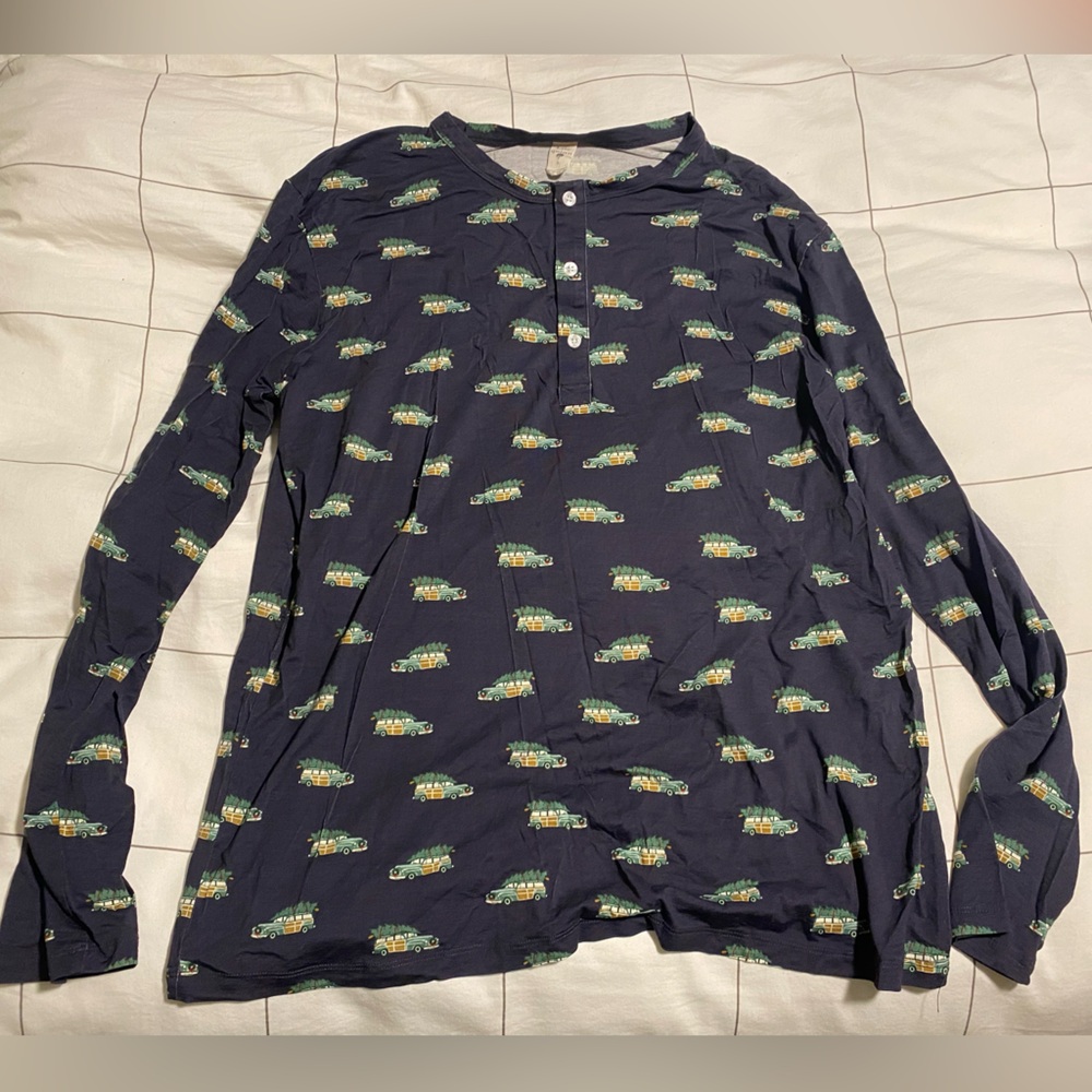 Kate Quinn Christmas tree truck navy blue bamboo shirt